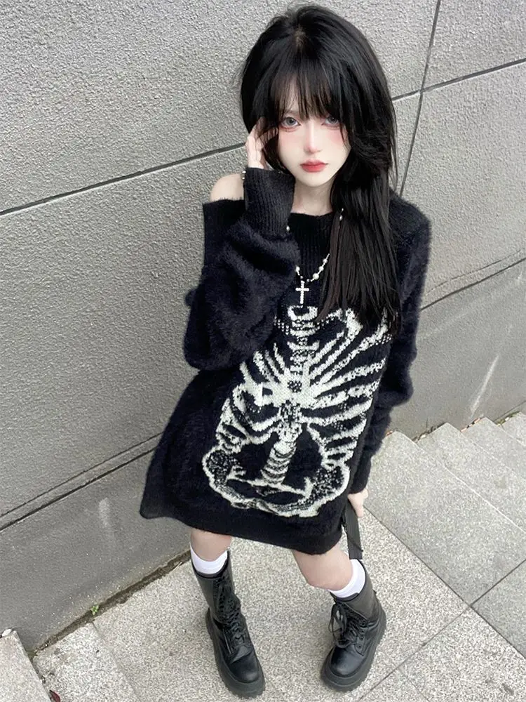 houzhou skeleton print black sweater women