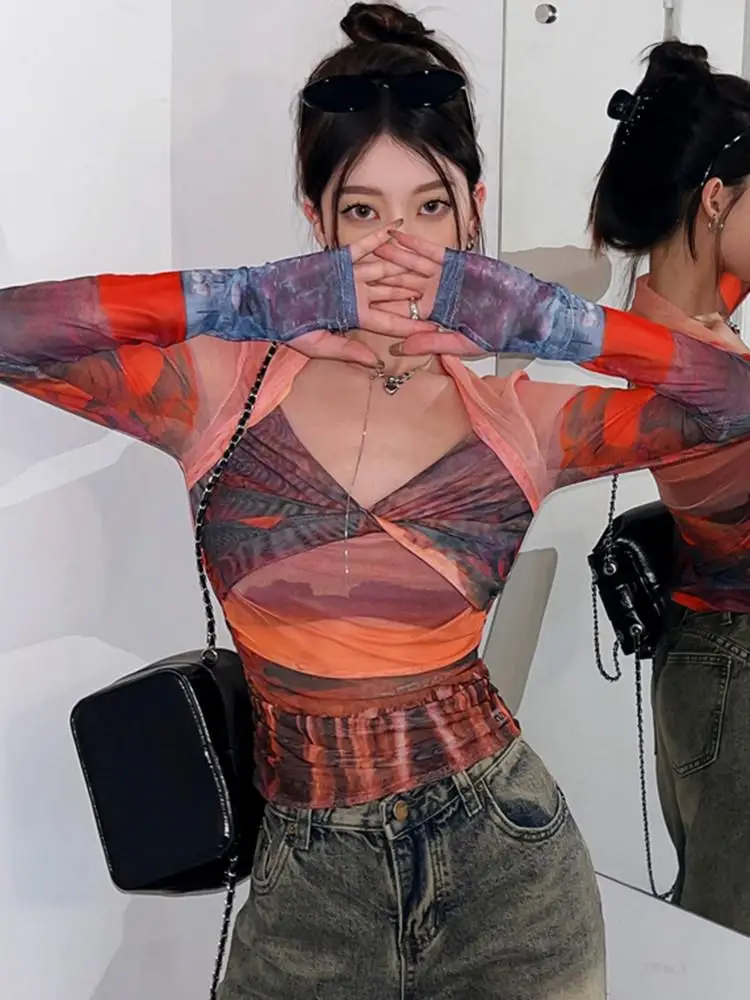 mesh tops grunge aesthetic print shirt